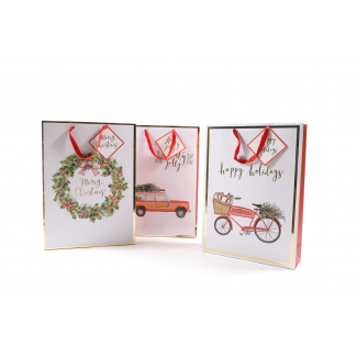 Shopper natalizia "Watercolor Xmas" con maniglia in fettuccia, confezione da 12 pezzi