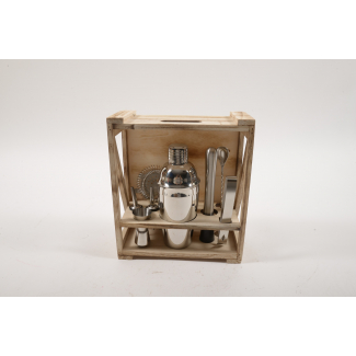 Cassetta in legno con set cocktail in acciaio, altezza 29 cm, in confezione regalo