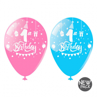 Palloncino colori assortiti con stampa "1° Compleanno", diametro 35cm, confezione da 10 pezzi