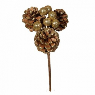 Pick natalizio con pigne e bacche glitter oro, lunghezza 16 cm