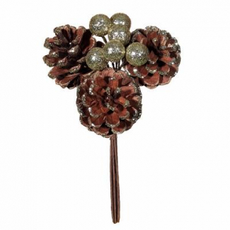 Pick natalizio con pigne e bacche glitter champagne, lunghezza 16 cm