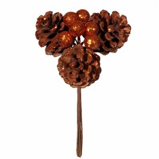 Pick natalizio con pigne e bacche glitter rame, lunghezza 16 cm