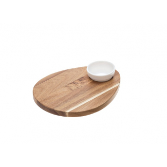 Tagliere in legno sagomato con ciotola porta salse in melamina bianca