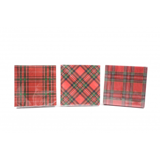 Tovagliolo in carta stampa "Tartan" 33x33 cm, confezione da 20 pezzi, soggetti assortiti