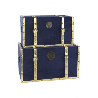 Baule rettangolare di legno rivestito in velluto blu