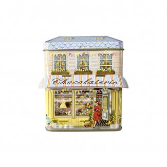 Scatola in latta "Chocolaterie" con tettoia, 12x7.5x15 cm