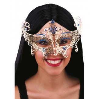 Maschera oro donna in metallo traforata, con strass blu