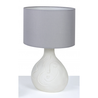 Lampada "Penelope" con base in porcellana bianca e paralume in tessuto grigio chiaro, altezza 40 cm