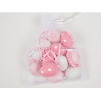 Uovo decorato, tonalità  rosa assortite, formato 3x4 cm, con sacchetto, confezione da 12 pezzi