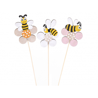 Fiore in legno con api su bastoncino diametro 7 cm, confezione da 12 pezzi assortiti