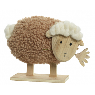 Pecora con manto marrone e panna e base in legno, altezza 16.5 cm