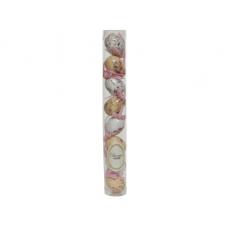 Uovo con decorazioni floreali lucide e cordino, fantasie assortite, diametro 3 cm, altezza 5 cm, tubo da 8 pezzi