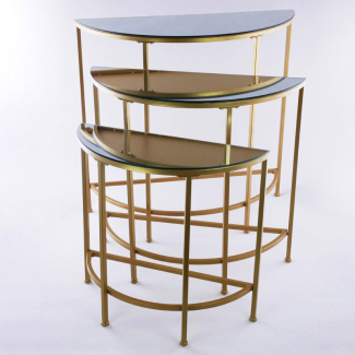 Tavolino in metallo oro con base specchio a forma di semicerchio, varie misure