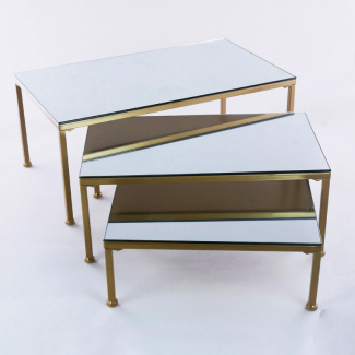 Tavolino rettangolare in metallo oro con base specchio, varie misure