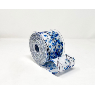 Rotolo nastro decofibra stampa "Gipsofila" blu, lunghezza 25 metri