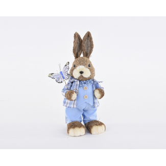 Coniglio vestito azzurro con farfalla, altezza 36 cm