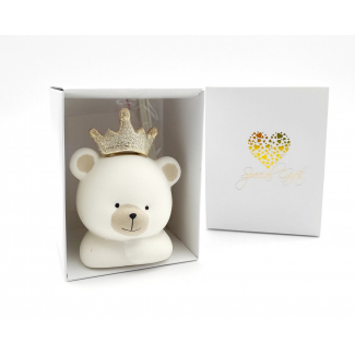Profumatore orsetto bianco con corona oro, in scatola regalo, altezza 11.5 cm