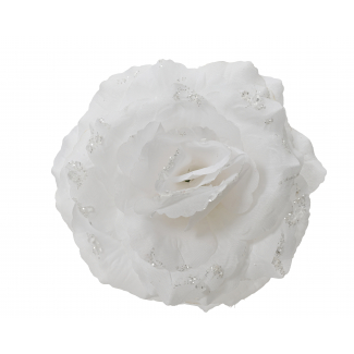 Rosa bianca con ghiaccio glitter su clip, diametro 14 cm