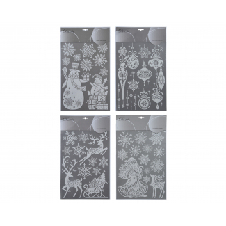 Vetrofania con decori bianchi glitterati, foglio 29.5x49.6 cm, soggetti assortiti