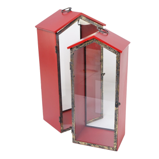 Lanterna in legno rosso e metallo con vetro, varie misure