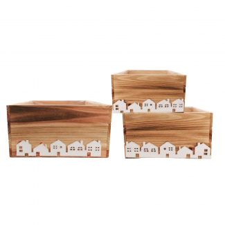 Cassetta quadrata in legno naturale con case bianche, varie misure