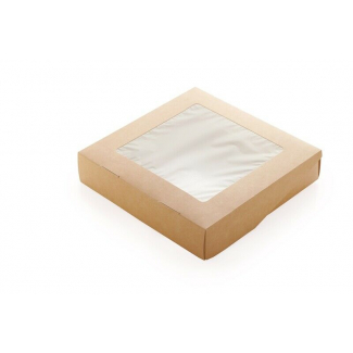 Contenitore in cartoncino avana con finestra, base quadrata 200x200mm,