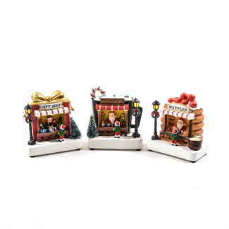 Negozio natalizio in resina con luci, altezza 13.5 cm, soggetti assortiti in scatola regalo