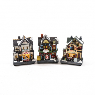 Casa natalizia in resina con luci, altezza 12.5 cm, soggetti assortiti in scatola regalo