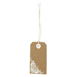 Etichetta tag rettangolare in cartoncino kraft avana naturale, con filo e decorazione stampa bianca