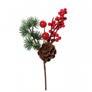 Pick natalizio con pino bacche e pigna, altezza 11 cm, confezione da 10 pezzi