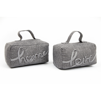 Fermaporta in tessuto grigio con scritta "Home"/"Love", 10x18 cm