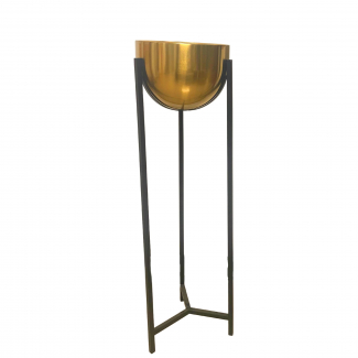 Alzata con boccia in metallo oro su trepiede, diametro 30 cm, altezza 102 cm