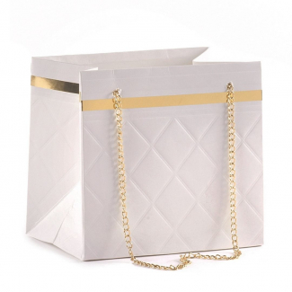 Shopper bianco plastificato con catenella in metallo, confezione da 10 pezzi vari formati