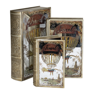 Scatola in metallo e legno con specchio decoro mongolfiera, varie misure