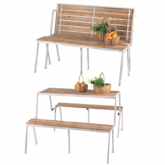 Tavolo-panca trasformabile in legno con dettagli in metallo, lunghezza 150 cm