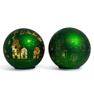 Sfera di Natale rotante in vetro con luci a batteria, diametro 15 cm, modelli assortiti in scatola regalo, vari colori