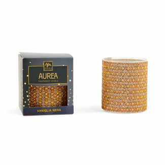 Candela profumata "Aurea" in vaso di vetro con strass oro da 380gr, diametro 8.7 cm, altezza 10.5 cm, in scatola regalo, varie fragranze