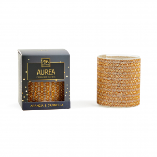 Candela profumata "Aurea" in vaso di vetro con strass oro da 380gr, diametro 8.7 cm, altezza 10.5 cm, in scatola regalo, varie fragranze