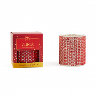Candela profumata "Aurea" in vaso di vetro con strass rossi da 380gr, diametro 8.7 cm, altezza 10.5 cm, in scatola regalo, varie fragranze