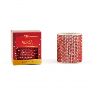 Candela profumata "Aurea" in vaso di vetro con strass rossi da 380gr, diametro 8.7 cm, altezza 10.5 cm, in scatola regalo, varie fragranze