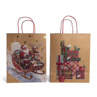 Shopper natalizia in carta fondo avana, confezione da 12 pezzi, modelli assortiti, vari formati