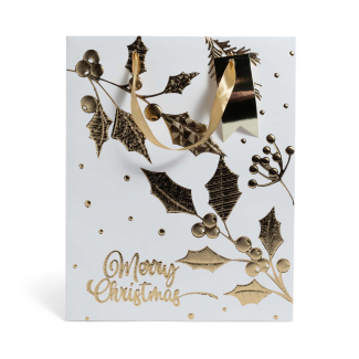 Shopper natalizia in carta laminata bianca decori oro, confezione da 12 pezzi, vari formati