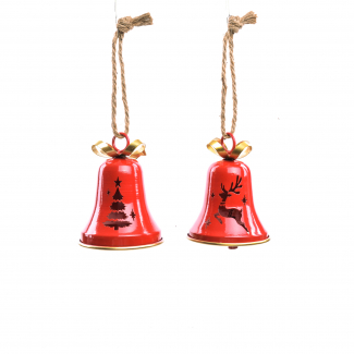 Campana in metallo rosso da appendere, decori assortiti, varie misure