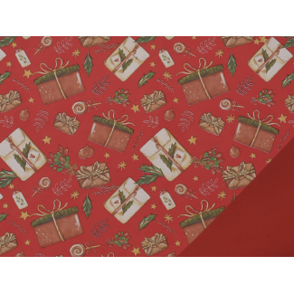 Carta da regalo in rotolo bicolor stampa "Presents" con pacchi regalo, altezza 1 metro, lunghezza 25 metri