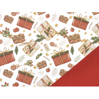 Carta da regalo in rotolo bicolor stampa "Presents" con pacchi regalo, altezza 1 metro, lunghezza 25 metri
