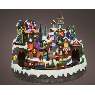 Villaggio in poliresina con led e treno in movimento, diametro 40.5 cm