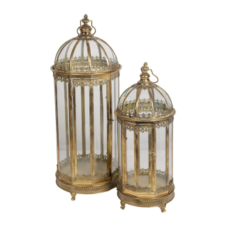 Lanterna tonda in metallo oro e vetro, altezza 87 cm