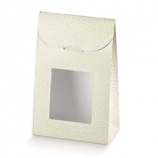 Sacchetto in cartone bianco perlato, base rettangolare, con finestra frontale