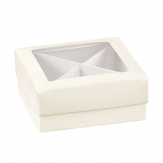 Scatola in cartoncino bianco con coperchio finestrato, base quadrata e separatore interno