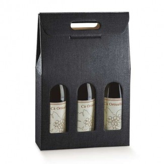 Scatola porta bottiglie in cartone nero con finestra frontale e maniglia superiore